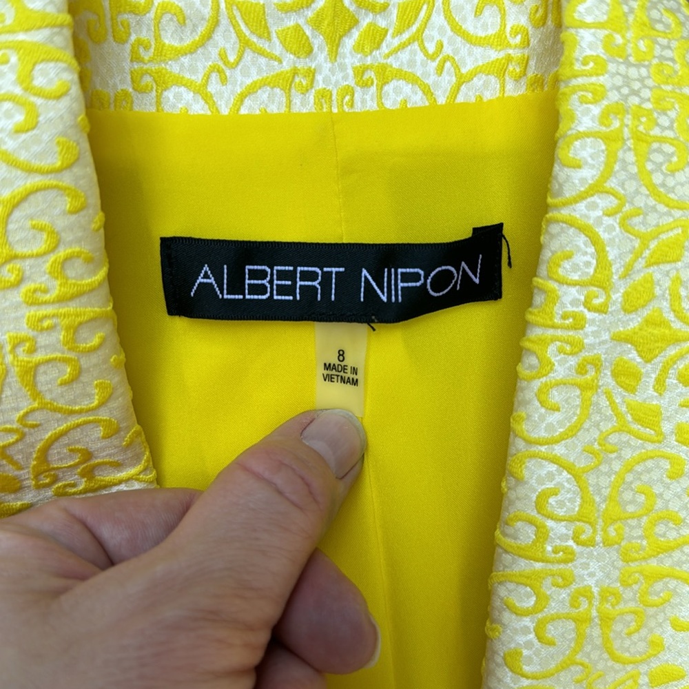 Albert Nipon Floral Jacquard Jacket w/ Pencil Skirt, Yellow/White - Picture 7 of 10